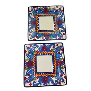 TABLETOPS GALLERY Lucca Blue Red Floral 3D Crafted 10.5" Square Plates Set of 2